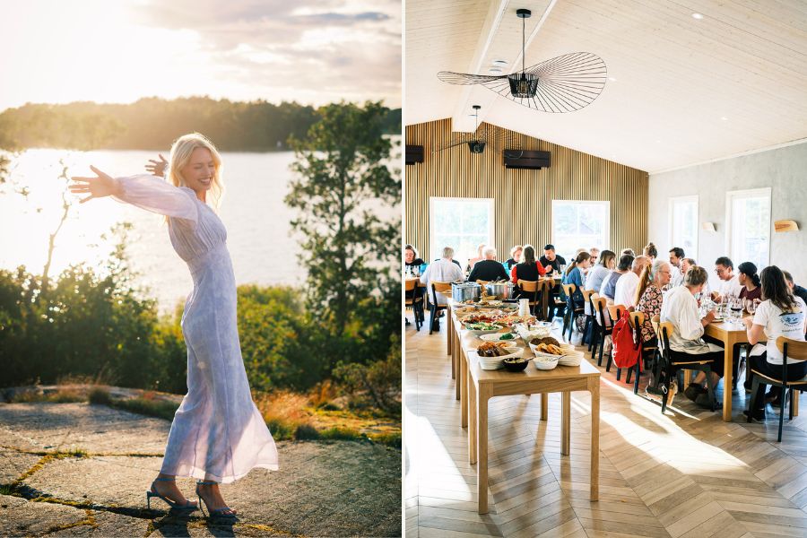En delad bild som visar en kvinna i en lång klänning som står vid en sjö i solnedgången och en stor grupp människor som äter vid borden i en ljus matsal.