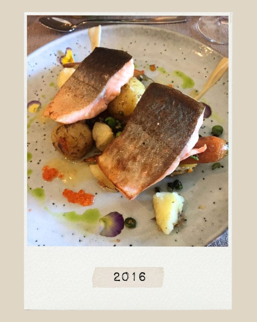 Två filéer av stekt lax serverade med potatis, grönsaker och fiskrom, med årtalet 2016 tryckt på en etikett under tallriken.